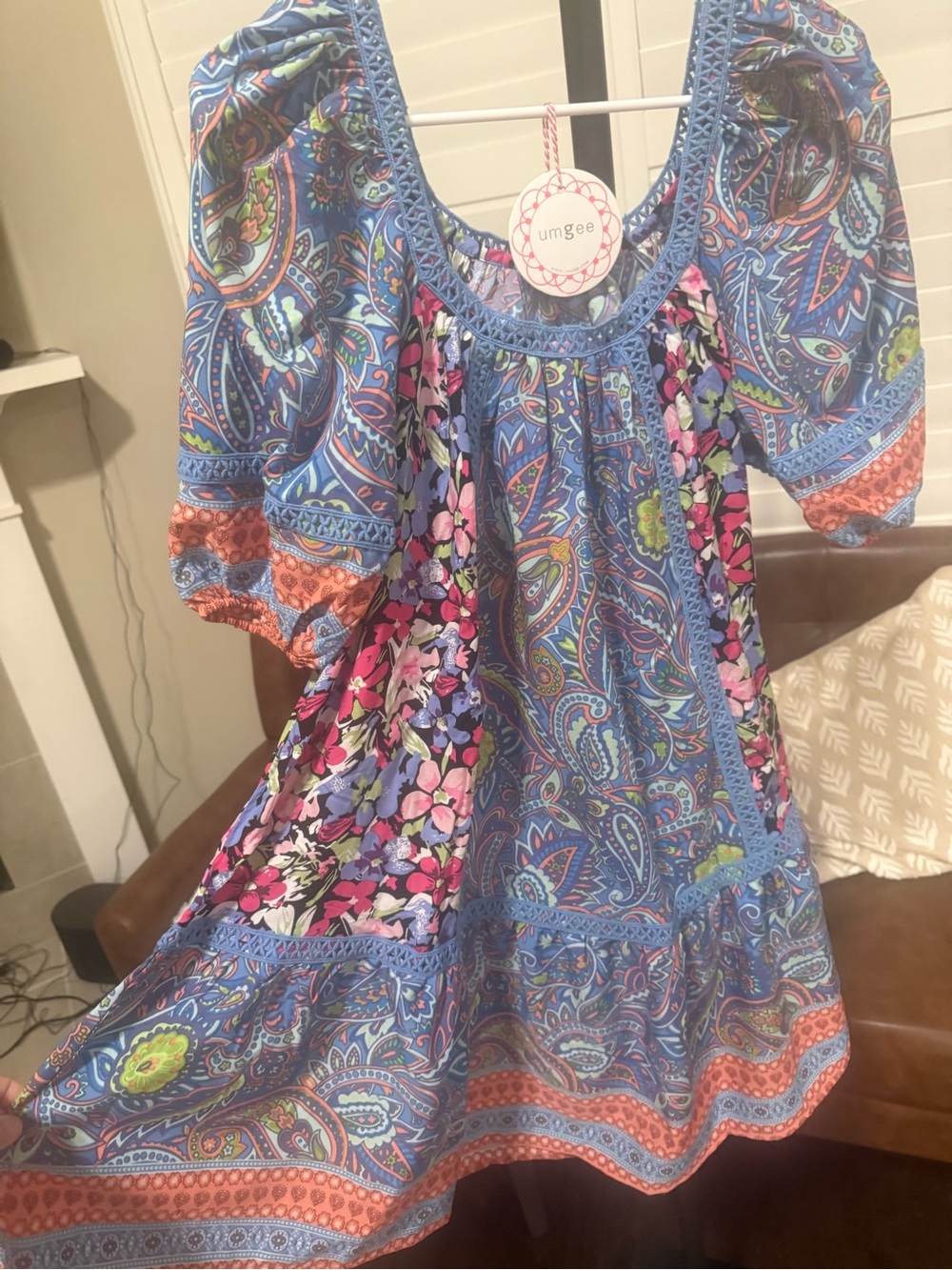 Umgee Blue Floral & Paisley Peasant Dress